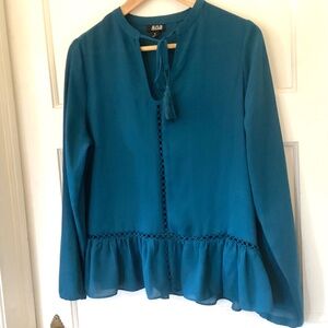 ANA Small Tahoe Teal Blue Blouse Long Sleeve Lace Peek-A-Boo Detail Drop Waist